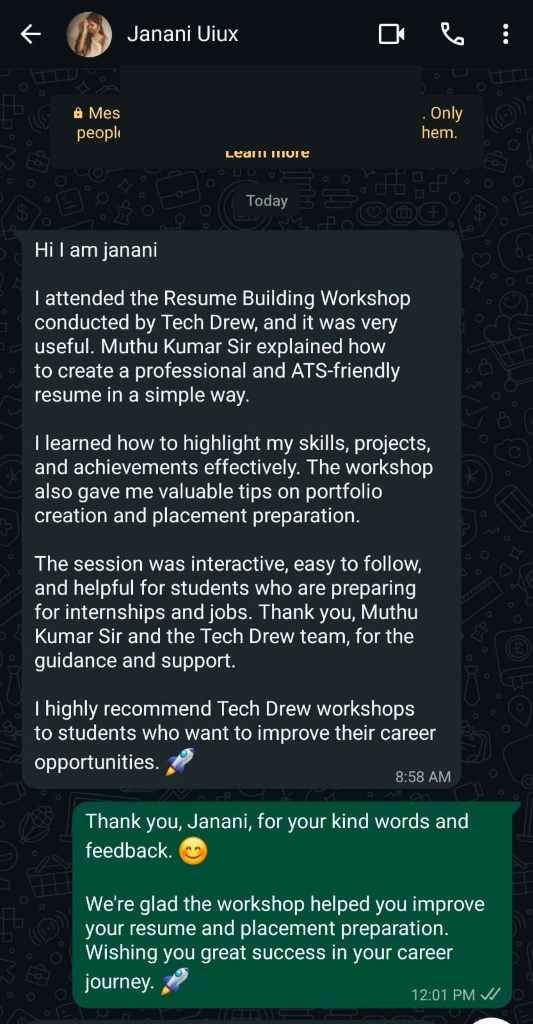 Janani Resume Workshop Success